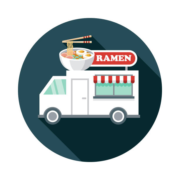A flat design food truck icon with a long shadow. File is built in the CMYK color space for optimal printing. Color swatches are global so it’s easy to change colors across the document.