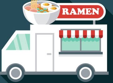 A flat design food truck icon with a long shadow. File is built in the CMYK color space for optimal printing. Color swatches are global so it’s easy to change colors across the document.